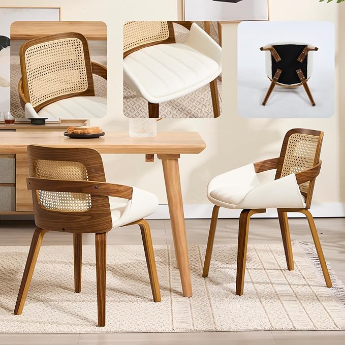 DUOMAY Modern PU Leather Dining Chairs Set of 4, Cane Back Room Chairs with Solid Wood Legs Kitchen Chairs for Living Room, Restaurant, White