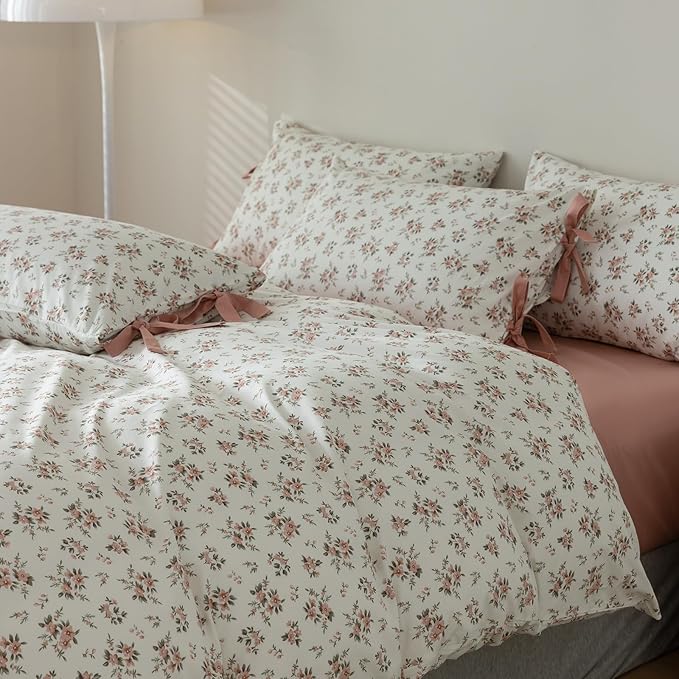 Pink Floral Duvet Cover King Chic Peach Flower Bedding Set King Girls Boho Flower Duvet Cover Vintage Blush Pink Comforter Cover 100% Cotton Botanical Cottagecore Bedding Cover with Zipper Closure