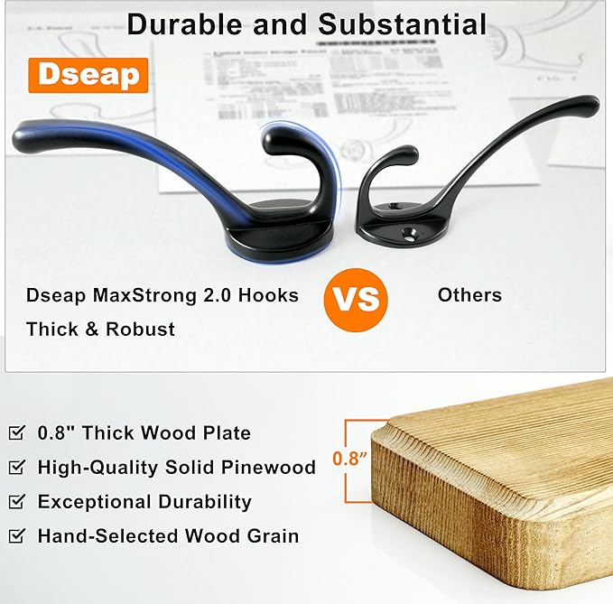 Dseap Coat Rack Wall: 24" Long, Patented, Heavy-Duty, 6-Double-Hooks Wooden Wall Mounted Coat Rack Coat Hanger Hook Rail for Winter Coats Hat Jacket Clothing, Weathered Blue