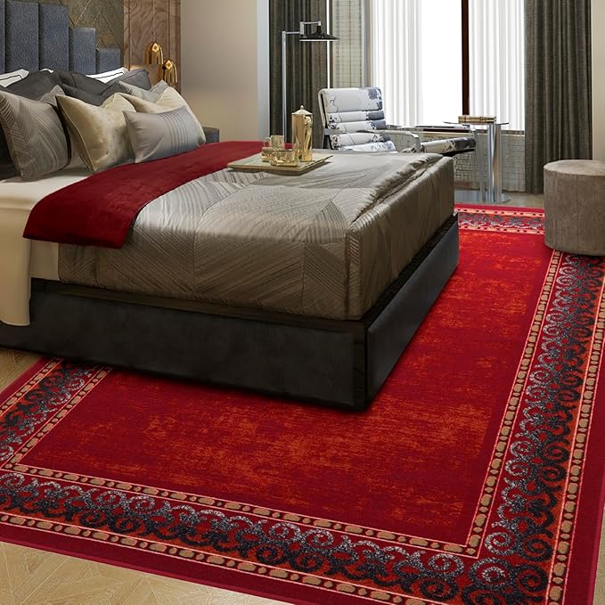 Antep Rugs Alfombras Bordered Modern 3x5 Non-Slip (Non-Skid) Low Pile Rubber Backing Indoor Area Rug (Maroon Red, 3' x 5')