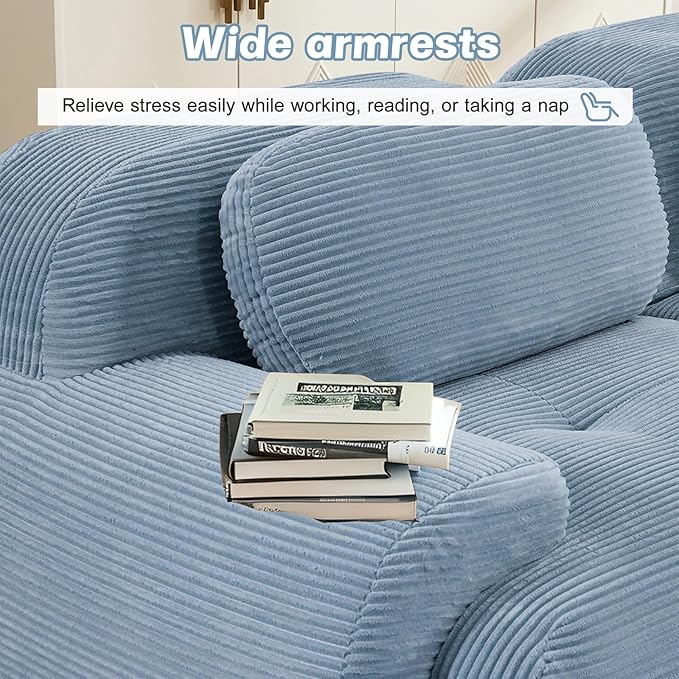 152" Modern Compressed Boneless Couch, 4 Seater Sectional Couches for Living Room, Blue Corduroy Cloud Modular Sectional Sofa, Comfy Memory Foam, Extra Deep, Sofas para Sala, No Assembly