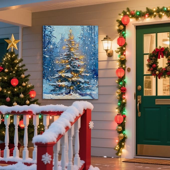Framed Christmas Pictures Wall Decor,Vintage Pine Tree Prints,Winter Christmas Canvas Wall Art Decoration for Bedroom Bathroom Living Room Rustic Xmas Holiday Gifts (Christmas Tree 1, 16'' X 20'')