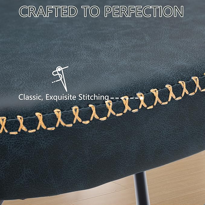 Rattan Dining Chairs Set of 4, Blue Leather Upholstered Dining Chairs with Rattan Cane Back, Mid Century Modern Dining Room Chairs with Black Metal Legs & D-Shaped Thicken Cushion, Blue