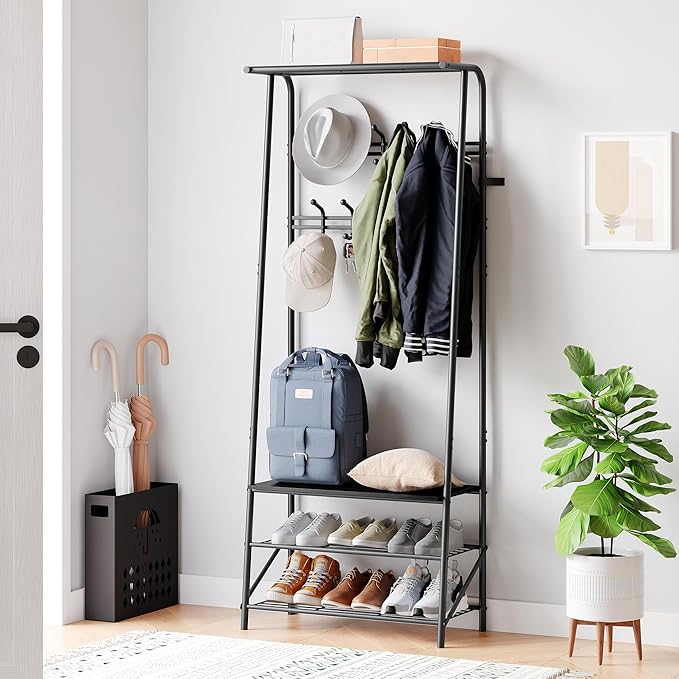 MDF Hall Tree with Bench, 4-in-1 Entryway Coat Rack with Storage Shelf & Shoe Organizer, Sturdy Freestanding Furniture for Living Room, Bedroom, Mudroom