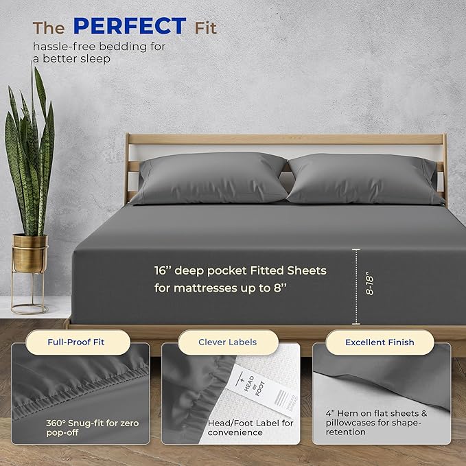 THREAD SPREAD 100% Egyptian Cotton Sheets California King Size - High Thread Count, Luxury 5-Star Hotel Cal King Sheets (6 PC, Dark Grey), Soft, Cooling, Sateen Weave, 16" Deep Pocket Bed Sheet Set