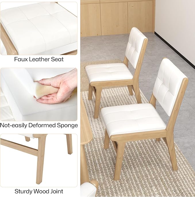 KCC Modern PU Leather Dining Chairs Set of 2, Upholstered Kitchen Chairs with Solid Wood Legs and Comfortable Seat for Dining Room/Lounge/Bedroom(White)