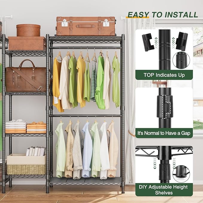 LEHOM G6 Wire Garment Rack Heavy Duty Clothes Rack Compact Size Armoire Storage Rack Freestanding Metal Clothing Closet Wardrobe with 3 Hanger Rod and 4 Large Shelves 4 Small Shelves, Black