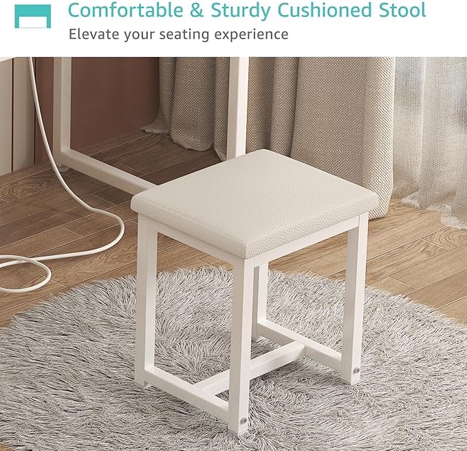 White Makeup Vanity Desk No Mirror with Chair, Small Vanity Table Set with Fabric Drawers, Power Outlet & Chair Without Mirror, Modern Make Up Desk for Girls Bedroom