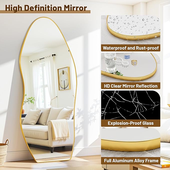 Antok Full Length Mirror, 81"x41" Floor Mirror with Stand, Standing Hanging Leaning Irregular Mirrors for Bedroom Living Room Entryway, Wavy Shaped, Golden