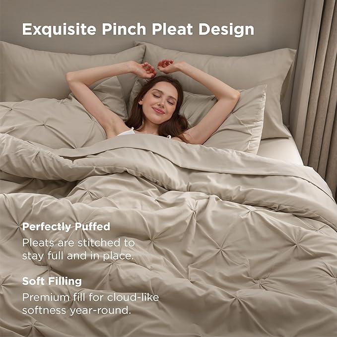 Bedsure King Size Comforter Set Beige - Bed in a Bag Bedding Set 7 Pieces, GentleSoft™ Pintuck Bed Set Gift for Family, Pinch Pleat Beige Comforter with Sheets, Pillowcases & Shams