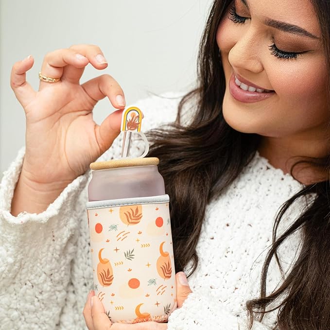 Boho Gifts for Women - Cute Design Glass Cup with Lid and Straw, Customized Stopper and Insulated Cup Sleeve for Iced Coffee and Smoothies. Giftable Unique Tumbler Cups for Women