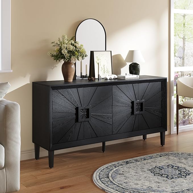 60'' Rustic Large Sideboard with 4 Doors and Adjustable Shelves, Heavy-Duty Antique Wood Entryway Console Table TV Stand for Living Room Dining Room (Black-10.2)