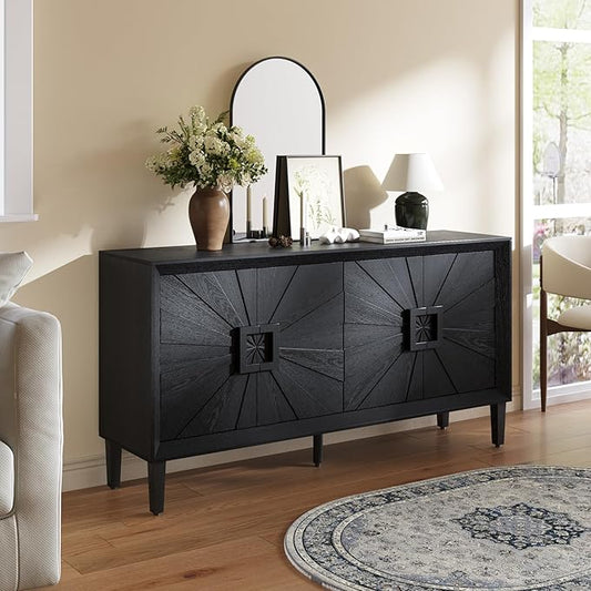60'' Rustic Large Sideboard with 4 Doors and Adjustable Shelves, Heavy-Duty Antique Wood Entryway Console Table TV Stand for Living Room Dining Room (Black-10.2)