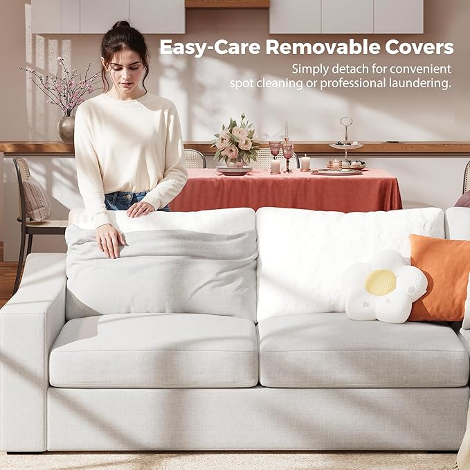 ABCASA 112" Modular Sectional Sofa, Large 5 Seater L Shaped Couch with Detachable Sofa Cover, Movable Ottoman, Deep Seat Corner Couch for Living Room, Apartment - Linen Fabric, Ivory
