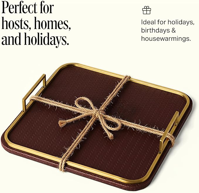 Preston Lane Mayfair Decorative Tray – Vegan Leather with Woven Texture, Brushed Brass Handles – Serving, Dresser & Coffee Table Tray, Espresso