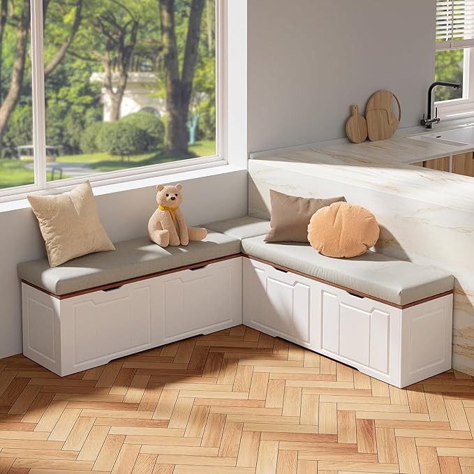 L Shape Corner Bench with Storage, Breakfast Nook Bench, 63" L-Shaped Kitchen Nook Seating, Hidden Flip-Top Storage Compartments for Entryway, Dining Room, Hallway, Cloakroom, w/Grey Cushion