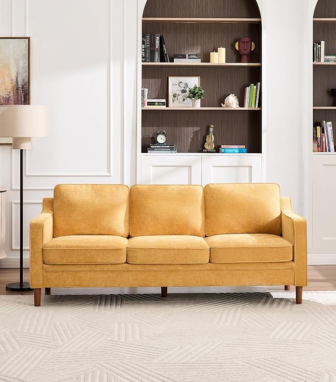 Kingfun 80" Chenille Sofa, 3 Seater Couch, Mid Century Modern Couches with Solid Wood Frame for Living Room & Bedroom, Yellow