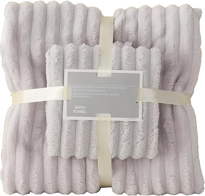 Coral Fleece Towel and Bath Towel Set Extra Thick Absorbent Wave Pattern 2 Piece Set for Home Spa and Travel Soft and Quick Drying (Grey)