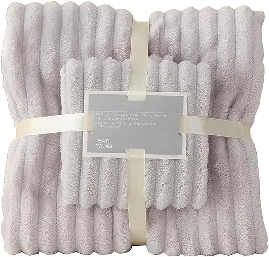 Coral Fleece Towel and Bath Towel Set Extra Thick Absorbent Wave Pattern 2 Piece Set for Home Spa and Travel Soft and Quick Drying (Grey)