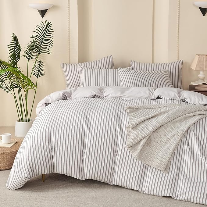 Comforter Queen Set Striped Grey 100% Soft Washed Microfiber Jacquard 3 Pieces Striped Bedding Sets Grey White Comforter Queen for All Seasons and 2 Pillowcases Comfort Breathable