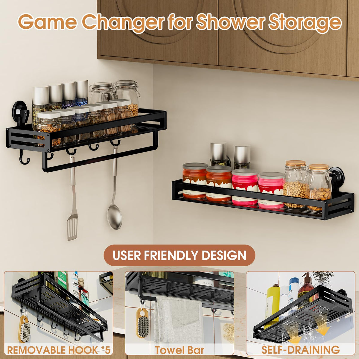 CIBOTIES Suction Cup Shower Caddy with 5 Hooks & Towel Rrack 15.7inch Black