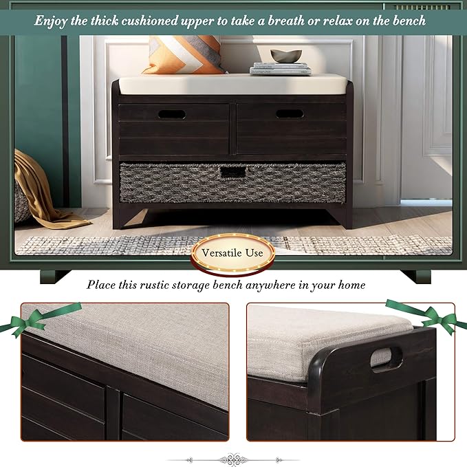 Fully Assembled Storage Bench with Cushioned Seat, 2 Drawers & Removable Basket, Solid Wood Entryway Shoe Bench for Bedroom, Hallway, Living Room (Espresso)