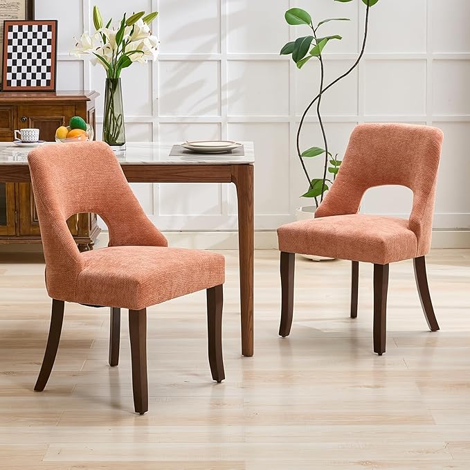 UVV Wooden Dining Chairs Set of 2, Mid Century Modern Upholstered Dining Room Chair Kitchen Chairs, Chenille Dinner Chair with Solid Wood Legs for Kitchen Dining Room, Orange-Chenille
