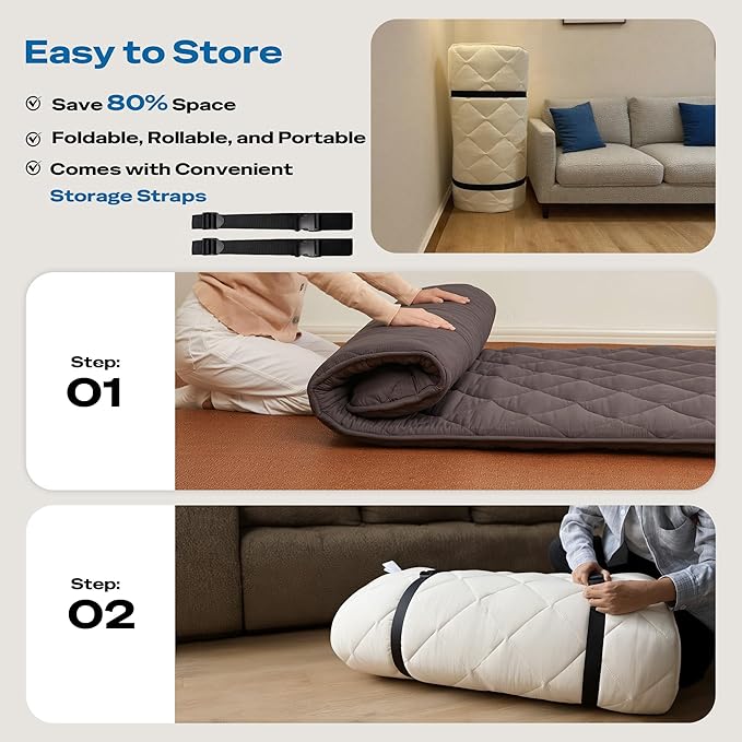 Aircliff Japanese Floor Futon Mattress, Roll Up Tatami Mat, Sleeping Pad, Shikibuton, CertiPUR-US Certified Foam Floor Bed Mattress for Sleeping, Dormitory, Guest Bed, Designed in Japan(Grey, Queen)