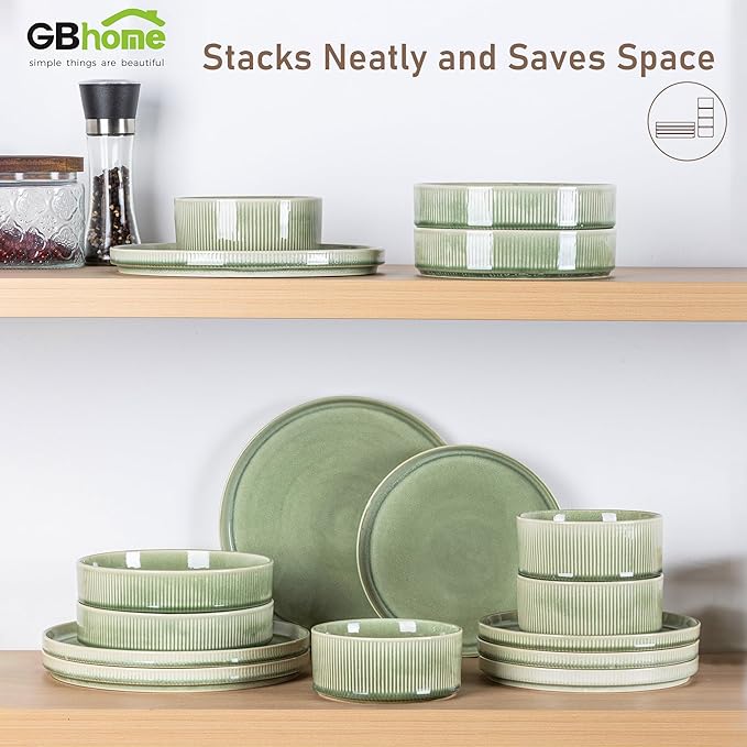 GBHOME Stoneware Dinnerware Sets for 4,Round Reactive Glaze Ceramic Plates and Bowls Set,Highly Scratch Resistant| Dishwasher & Microwave Safe Dishes Set,Service for 4(12Pcs)，Light Green