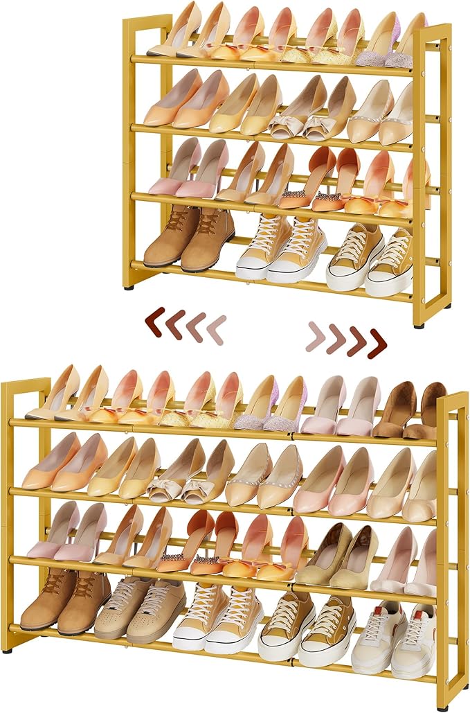 FAVOOSTY 4-Tier Expandable Shoe Rack, Adjustable Shoe Shelf Storage Organizer Space Saving Metal Free Standing Shoe Rack for Entryway Closet Doorway, Gold