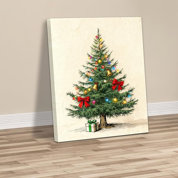 Framed Christmas Pictures Wall Decor,Vintage Pine Tree Prints,Winter Christmas Canvas Wall Art Decoration for Bedroom Bathroom Living Room Rustic Xmas Holiday Gifts (Christmas Tree 9, 16'' X 24'')