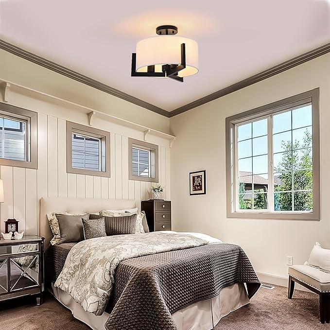 14 inch Black Semi Flush Mount Ceiling Light, 3-Light Modern Lighting Fixtures Ceiling Mount with White Drum Fabric Shade for Bedroom Entryway Hallway