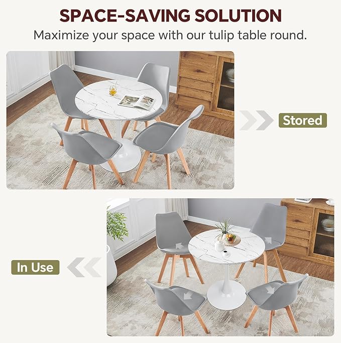 Small Space 31.5 Inch White Faux Marble Round Tulip Dining Table - Mid Century Pedestal Base Kitchen Table for 2-4 People - Easy Assembly & Easy to Clean