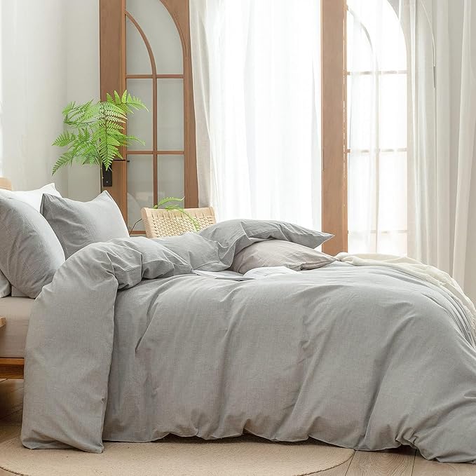 BESTOUCH Duvet Cover Set 100% Washed Cotton Linen Feel Super Soft Comfortable Chic Lightweight 3 PCs Home Bedding Set Solid Light Grey Oversized Full