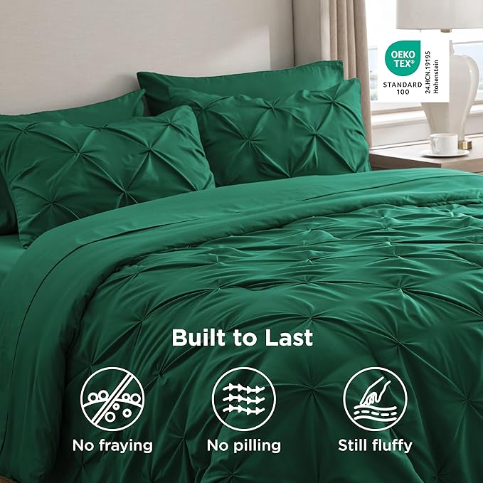 Bedsure Twin Comforter Set Dark Green - Bed in a Bag Twin Size 5 Pieces, GentleSoft™ Pintuck Bed Set Gift for Family, Pinch Pleat Dark Green Comforter with Sheets, Pillowcase & Sham