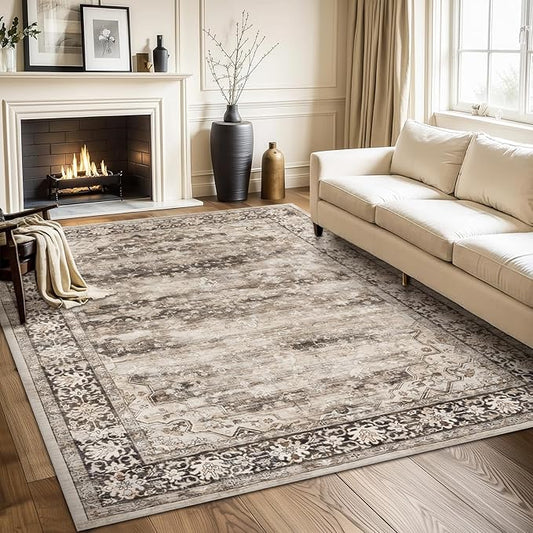6x9 Living Room Rug Non Slip with Rubber Backing Machine Washable Soft Faux Fur Low Pile Stain Resistant Boho Vintage Euro Floral Carpet Rug for Bedroom Dining Room Kid's Room Home Office,Hazel Brown