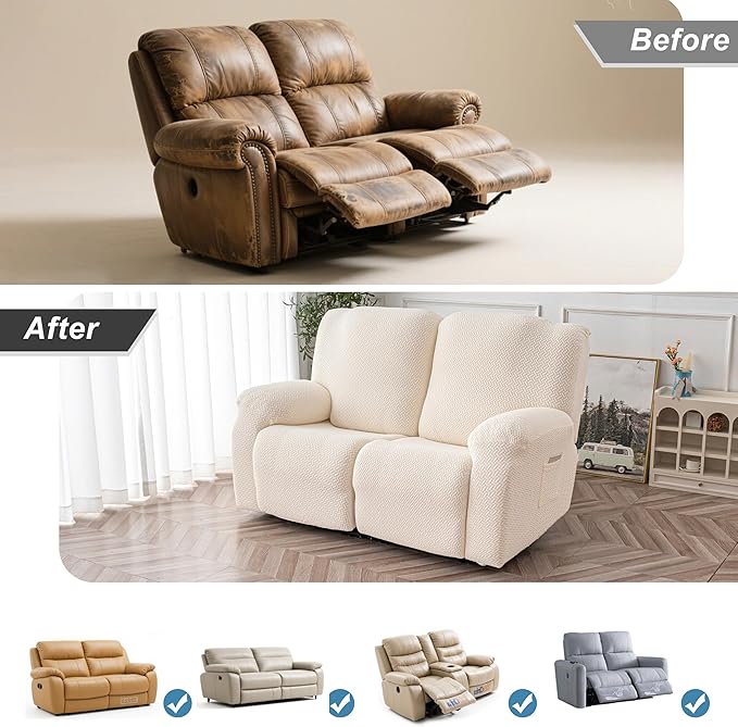 Genina Recliner Loveseat Cover Stretch Couch Covers Sofa slipcover for 2 Seat Reclining Couch Thick Jacquard Furniture Protector (Beige)