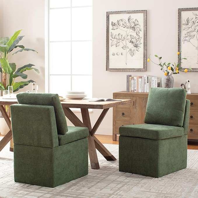 VKNOW Upholstered Dining Chairs, Modern Kitchen Chairs with Storage, Linen Armchair Dining Room Chairs for Kitchen Room (Green, Set of 2)