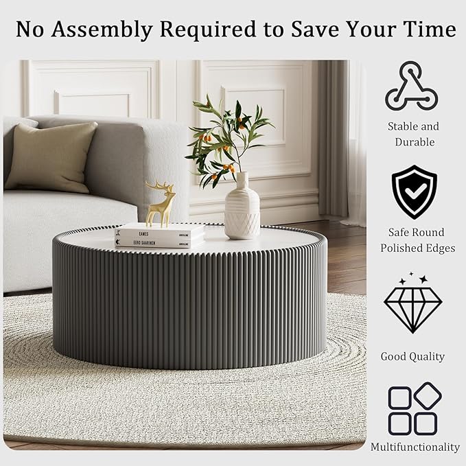 Grey Round Coffee Table with Sintered Stone Tabletop, 29.52" Drum Coffee Table with Fluted PU Leather Covered and Stable Base, Circle Cocktail Tea Table for Living Room
