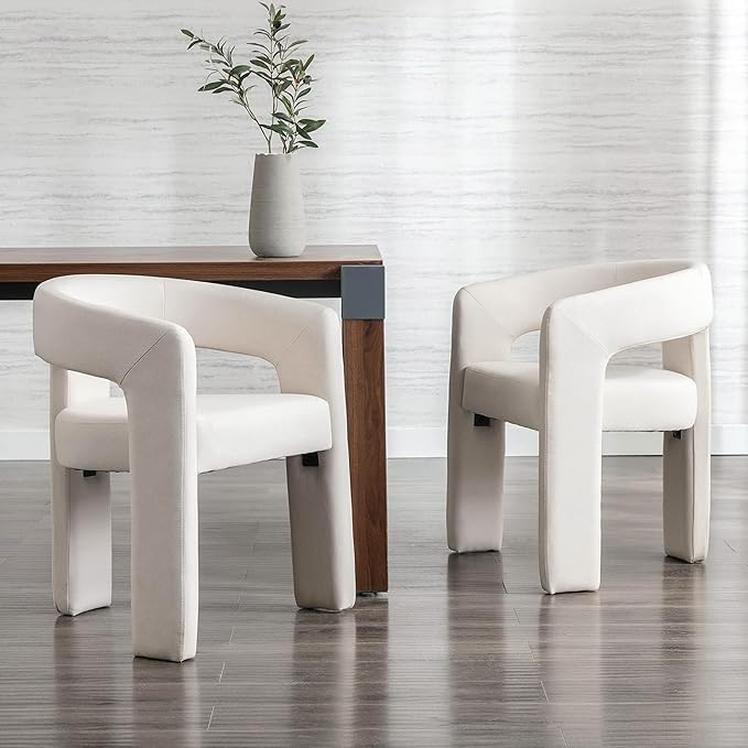 Modern Barrel Dining Chairs Set of 4, Linen Upholstered Accent Side Chair with Arms Comfy Makeup Vanity Chairs, Dining Living Room Kitchen Chairs, Beige