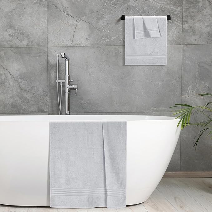 BOUTIQUO Ultra Soft 3 Pack Cotton Towel Set, Contains a Bath Towels 28x55 inch, a Hand Towels 16x24 inch & a Wash Coths 12x12 inch, Ideal Everyday use, Compact & Lightweight - Light Grey