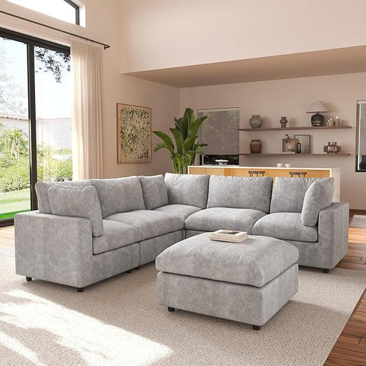 JACH V Shape Sectional Couches with Chaise Ottoman, Convertible Modular Sofa, Cloud Sectional Couch, Sofa Covers Washable, Minimalist Couch for Living Room, Apartment, Light Grey