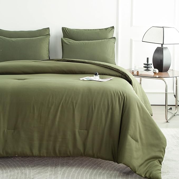 Green Full Comforter Set - 3 Pieces Army Green Bedding Comforter Set - Soft, Lightweight, Warm & Fluffy - 1 Comforter, 2 Pillowcases