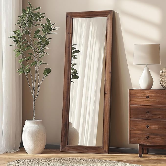 Farmhouse Standing Mirror Full Length, 64"X21" Rustic Wood Frame Floor Mirror with Stand, Full Body Mirror for Bedroom Living Room Entryway, Hanging or Leaning Wall-Mounted, Tempered Glass, Brown