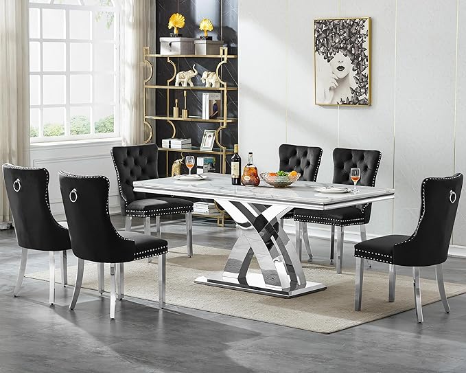 Goujxcy 68" Luxury Marble Dining Table for 6-8, Modern Rectangle White Faux Marble Kitchen Dining Room Table with Silver X-Shape Stainless Steel Pedestal Base for Kitchen Dining Room