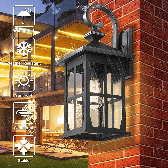 Darkaway Large Outdoor Light Fixtures Wall Mount, 21inch Outdoor Wall Lights Exterior Lighting Fixtures Waterproof Black Outside Wall Sconce with Seeded Glass for House Porch Hallway Garage Front Door