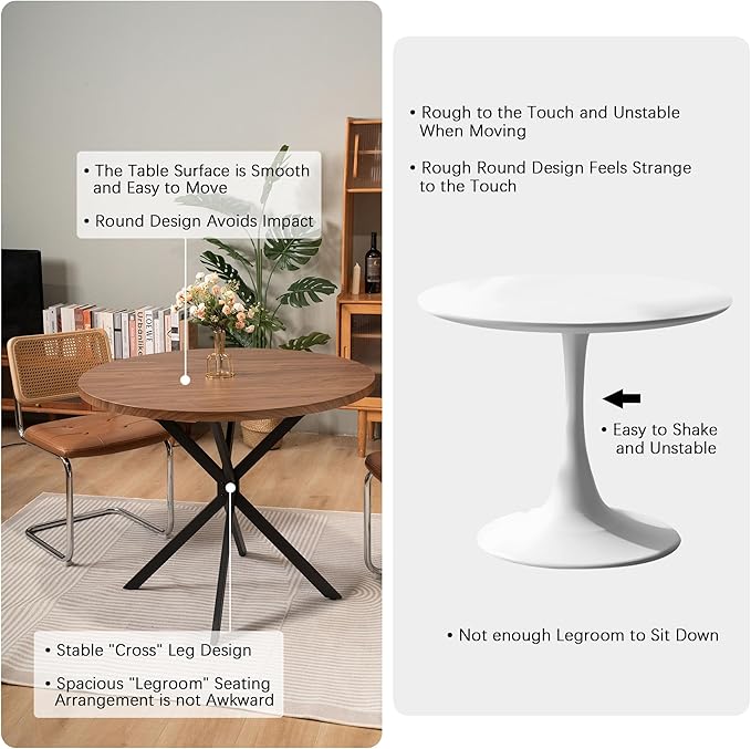 Round Dining Table, 39 Inch Modern Round Walnut Dining Table with Black X Base, Kitchen Leisure Table for 4-5 People Small Space Dining Room, Apartment, Kitchen