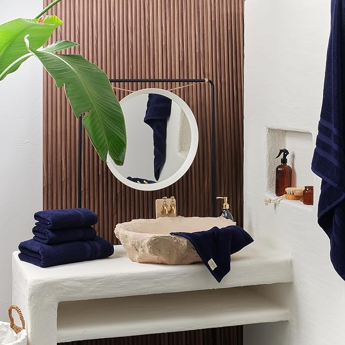 SOFE H&L | Olea Towel Set | 100% Cotton Premium Turkish Towels for Bathroom | Soft, Absorbent, Durable (Navy, Set of 4 - Washcloth)
