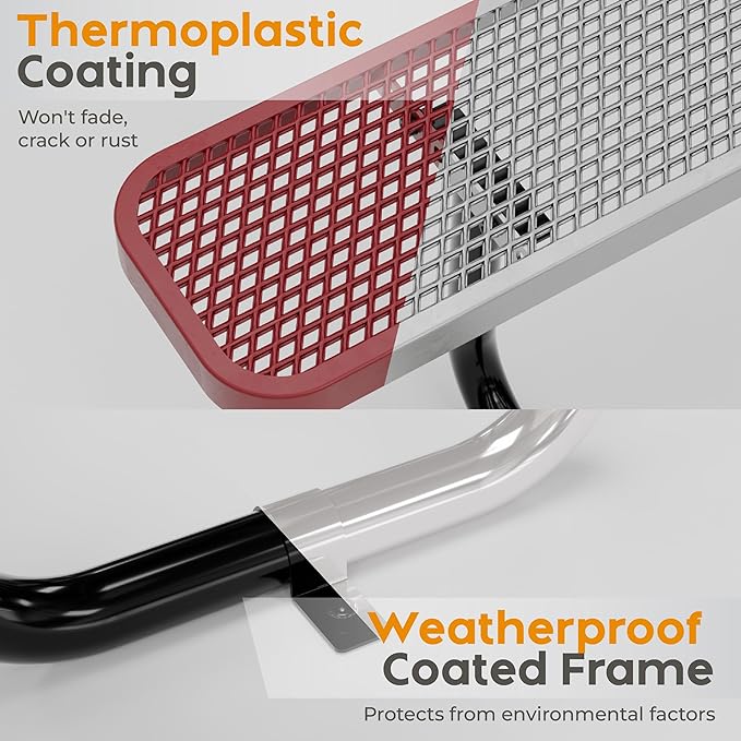 Metal Picnic Tables for Outdoors with Umbrella Hole - Coated Steel Heavy Duty Commercial Grade Furniture with Adjustable Seats (Red, 46 in, Square with Back, Expanded Steel)