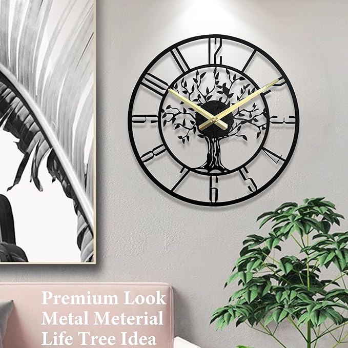 Large Tree of Life Wall Clock, Metal Large Modern Wall Clocks for Living Room, 14 in Oversized Battery Operated Silent Clock for Office,Living Room,Kitchen Decor